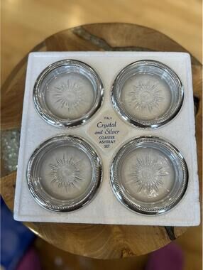 LEONARD Vintage Italy Crystal and Silver Coaster/Ashtray Set